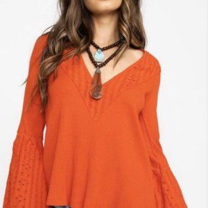 Free People Parisian Nights Vermillion Embroidered Bell Sleeve